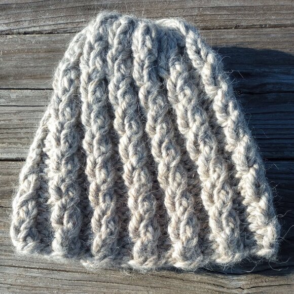 Alpaca Beanie Skully Hat Men Thick Chunky Hand Knit Wool Rib Barn Owl Beige L XL - Picture 5 of 9